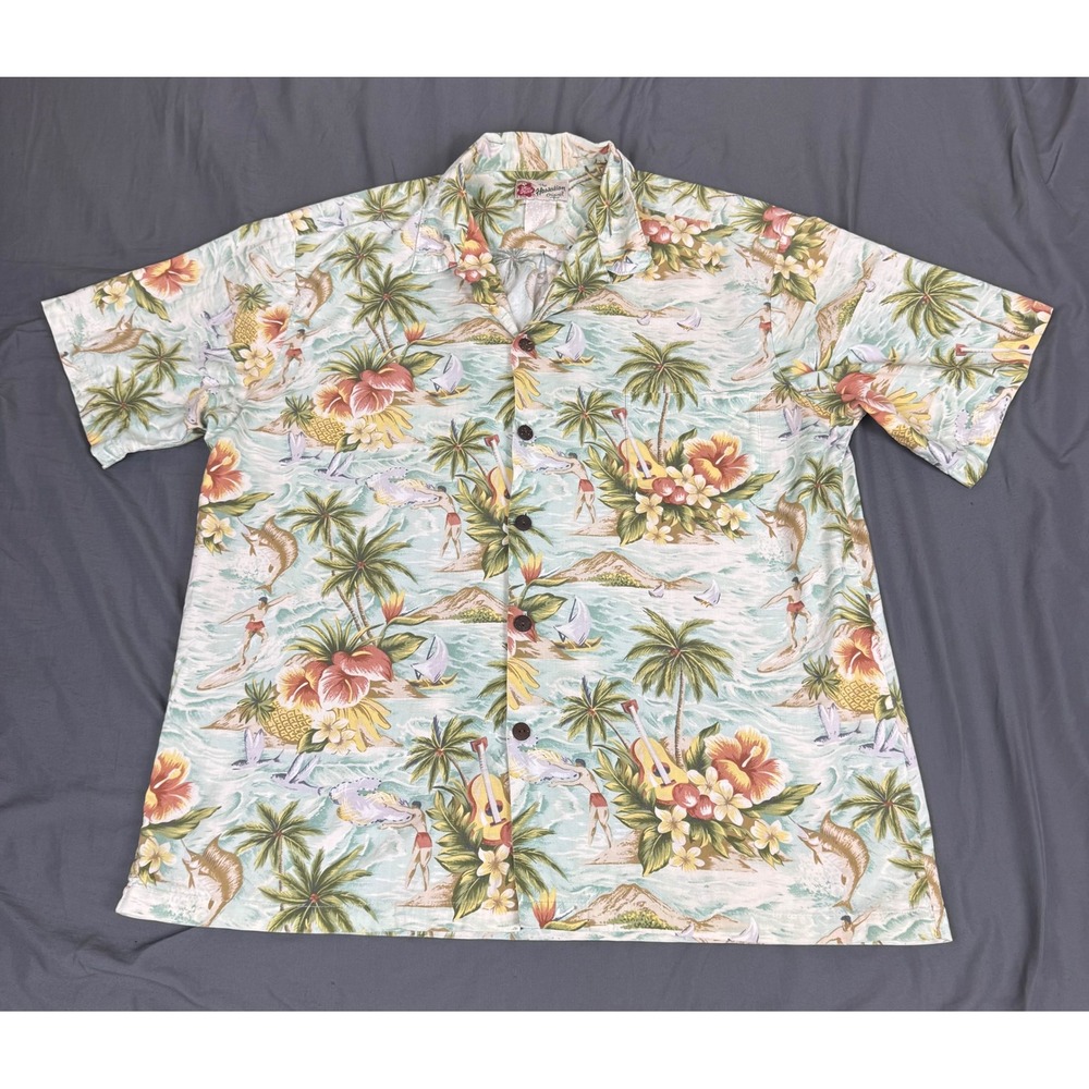Vintage Hilo Hattie Hawaiian Shirt Mens XL Cotton Tropical Surfer Print Camp